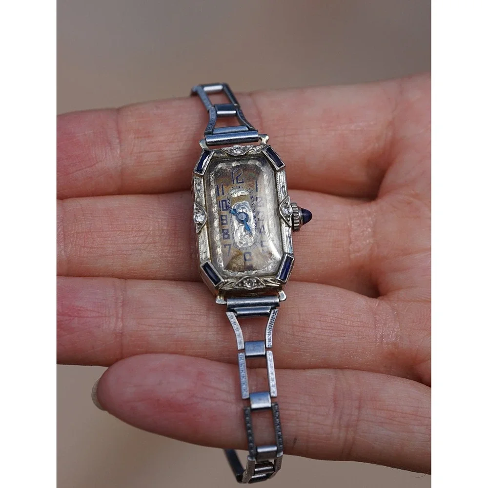 Antique Art Deco 18K Solid Gold Platinum Man Made Sapphire Natural Diamond Watch